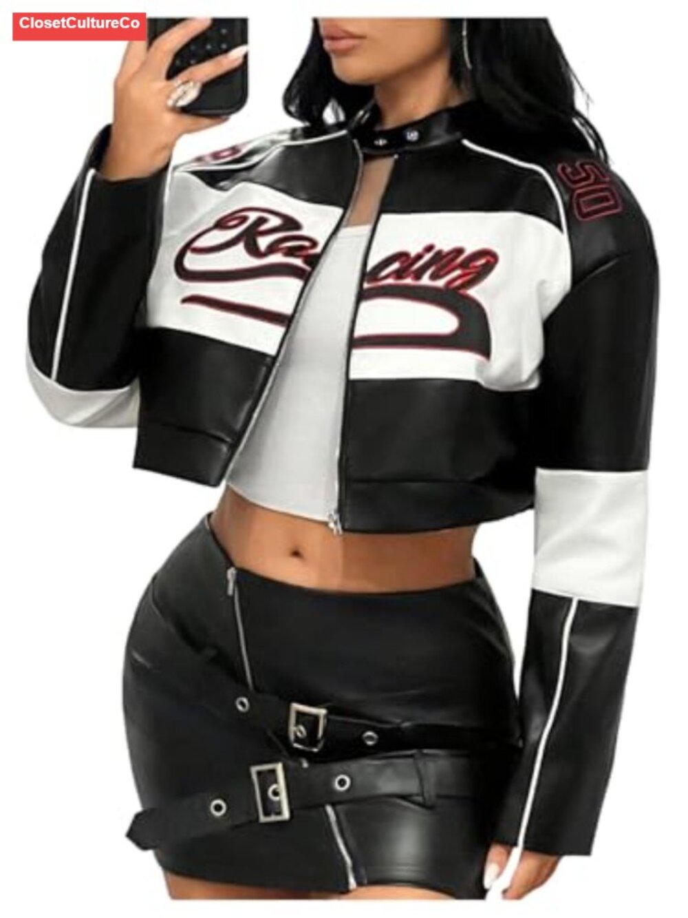 Faux Leather Zip Up Crop Graphic Jacket